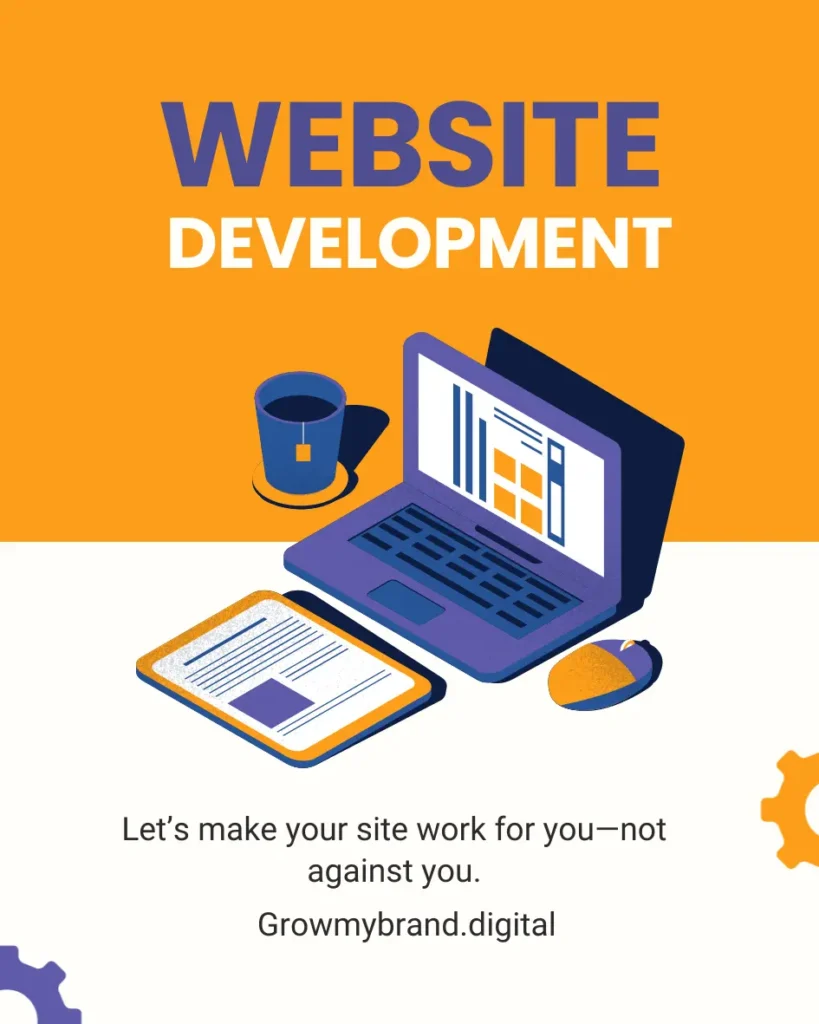 “Website development promotional graphic showing laptop, tablet, and coffee cup with text Growmybrand. digital.
